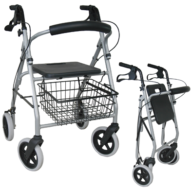 Leichtgewichtrollator Gigo 2G anatomische Griffe, Tablett,Korb,silber