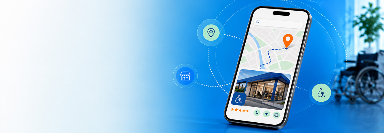 Ein Smartphone zeigt eine Karten-App mit Standortmarkierungen, Routen und Barrierefreiheitssymbolen vor einem blauen Hintergrund mit Rollstuhl.