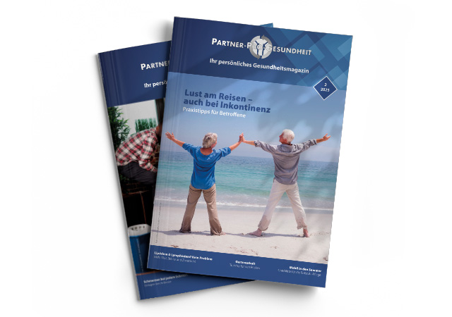 Abbildungen von 2 Partner-Pro-Gesundheit Kundenmagazinen Ausgabe 1/2025 und 2/2025