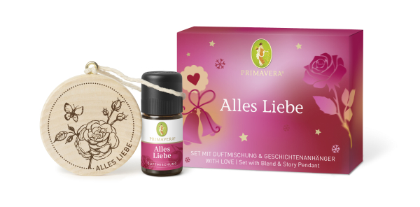 Geschenkset Alles Liebe, Duftmischung bio 5 ml und Holzanhänger zum Beduften