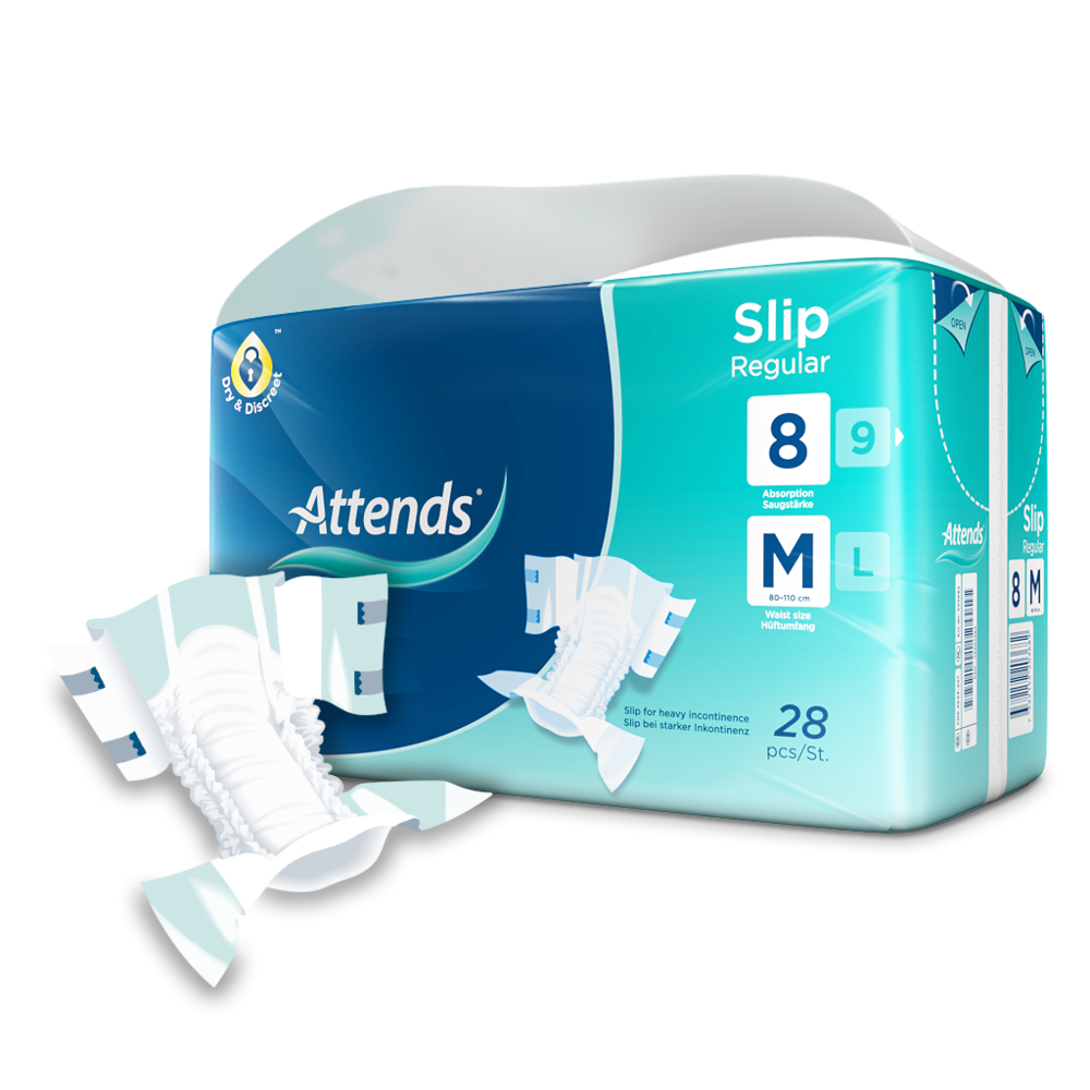 Windelhose Attends Slip Regular 8 M Hüfte 80 bis 100 cm, 1 Karton: 4 x 28 Stück