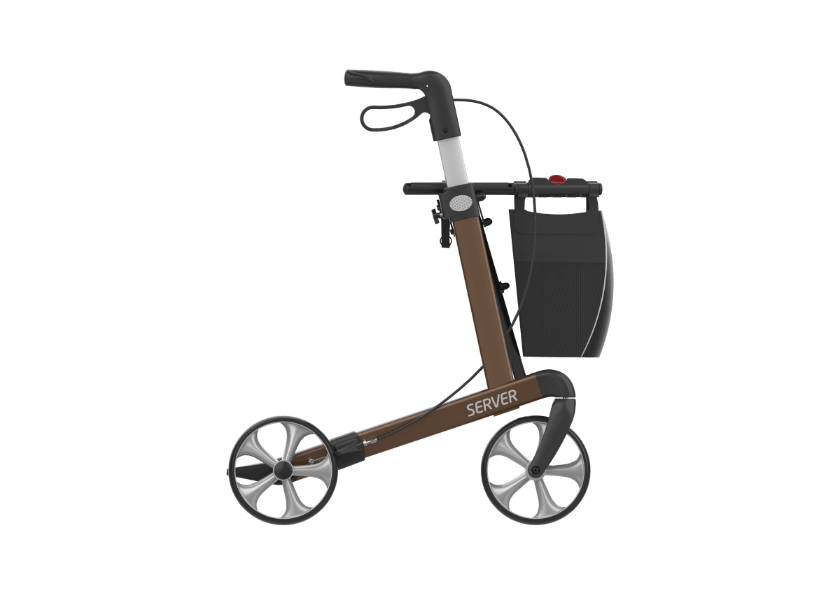 Rollator SERVER Standard mit Stockhalter und Tasche, Seitenansicht, Farbe braun