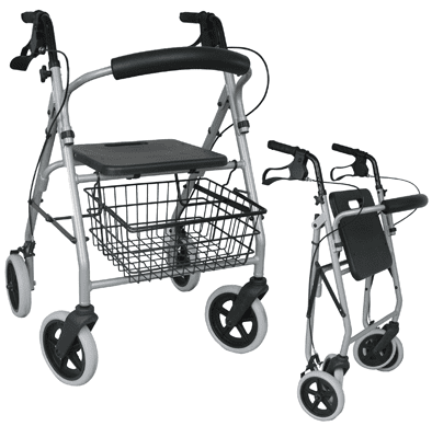 Leichtgewichtrollator Gigo 2G anatomische Griffe, Tablett,Korb,silber