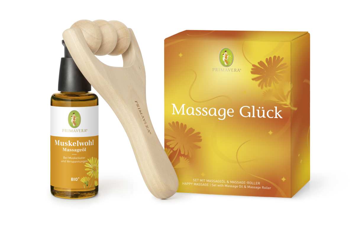 Geschenkset Massage Glück, Muskelwohl Massageöl bio 50 ml inklusive Massageroller
