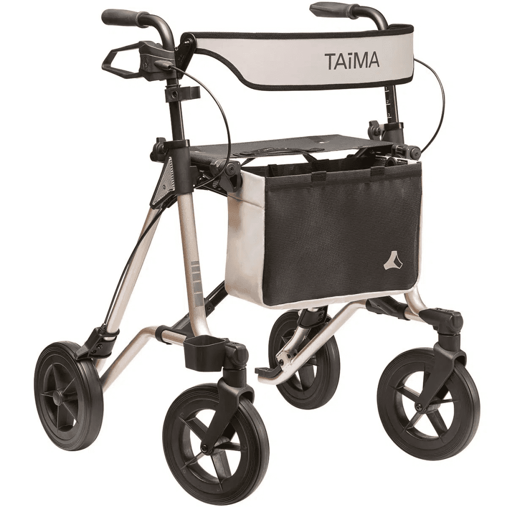 Premium-Rollator TAiMA Ventum mit Rahmen und Rückengurt in Cashmere sowie Tasche in Cashmere und Schwarz, schräg von vorn fotografiert.