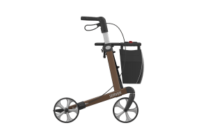 Rollator SERVER Standard mit Stockhalter und Tasche, Seitenansicht, Farbe braun