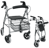Leichtgewichtrollator Gigo 2G anatomische Griffe, Tablett,Korb,silber