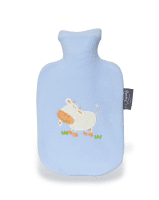 blaue Wärmflasche für Kinder mit Kuh-Applikation