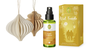 Geschenkset Viel Freude, mit Raumspray Gute Laune und zwei Wabenpapier-Anhängern