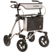 Premium-Rollator TAiMA Ventum mit Rahmen und Rückengurt in Cashmere sowie Tasche in Cashmere und Schwarz, schräg von vorn fotografiert.