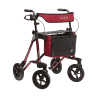 Premium-Rollator TAiMA Ventum mit Rahmen und Rückengurt in Amarena sowie Tasche in Amarena und Schwarz, von schräg vorn fotografiert.